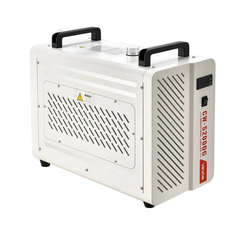 Solid Industrial Water Chiller With 5460 BtuH Cooling Output And Built In Compressor For CO2 Laser Engines Up To 150W Plus CNC Coolant Systems, side view.