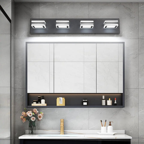 4 Light Vanity Light Fixtures in Matte Black LED Bathroom Lighting for Modern Homes, Sleek Dimmable LED, Energy Efficient, Easy 15 Minute Install With Back Plate Mount, Perfect Bath Upgrade, Model S9660-4T