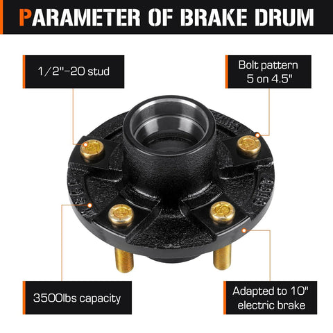 Trailer hub kit, 5-lug on 4.5 inch bolt circle, black hub with gold studs, 3500 lb capacity.