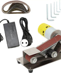 Pro 200W Mini Belt Sander Electric Polishing Grinder With Aluminum Alloy Frame, components including motor, sanding belts, and accessories.