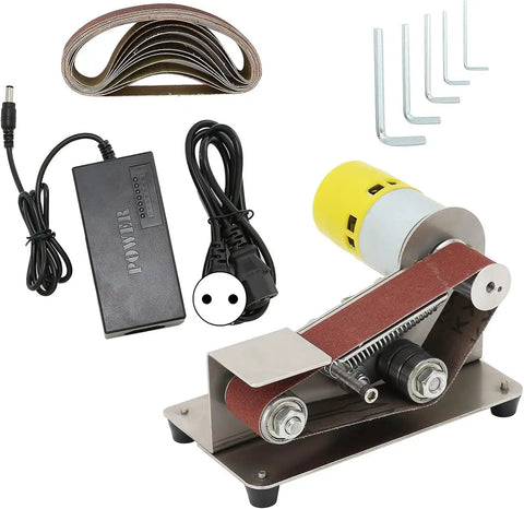 Pro 200W Mini Belt Sander Electric Polishing Grinder With Aluminum Alloy Frame, components including motor, sanding belts, and accessories.