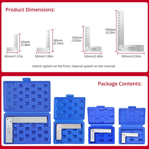XUNTOP four-piece machinist square set (2, 3, 4, 6 in) with hardened steel construction in blue storage cases