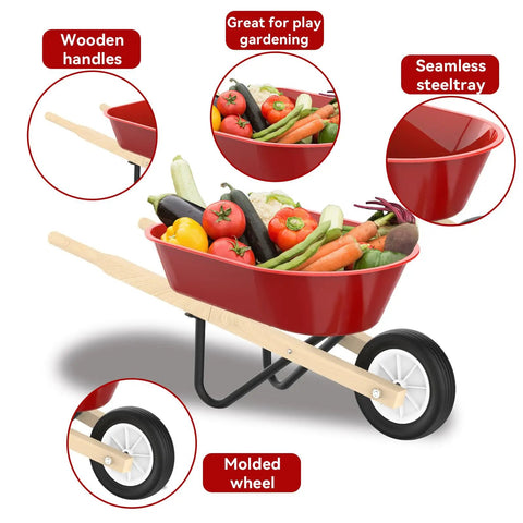 Kid Friendly Gardening Wheelbarrow Set with real wheelbarrow, wooden handles, red steel tray, molded wheel, gardening tools