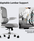 Ergonomic Mesh Office Chair With Adjustable Lumbar Support, breathable desk chair, side view, white finish, lumbar focus diagram