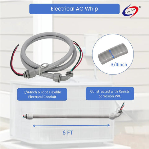 Pro Level Electric AC Whip Assembly With 3/4 Inch By 6 Foot Liquid Tight Flexible Conduit And 8 Gauge THHN Wire for A/C rigging.
