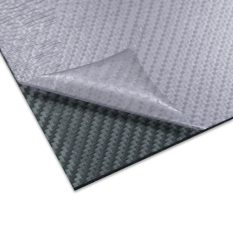 Top Shelf 0.093 Inch Thick Thermoform Sheet With A Knockout Carbon Fiber Texture, showcasing textured black surface under protective film.