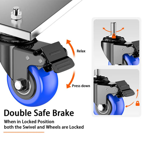 Beefy Heavy Duty 2 Inch Stem Casters Set Of Four With Locking Swivel Wheels, 800 Pound Capacity, showing brake mechanism details.