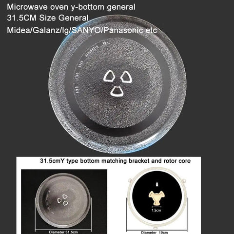 31.5cm microwave glass turntable with Y bottom, compatible with Midea, Galanz, Panasonic; includes bracket and rotor core