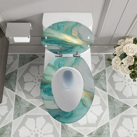 Elongated Resin Toilet Seat for Bathroom with turquoise and gold design, fitting standard toilets, 14.5" x 18.5".