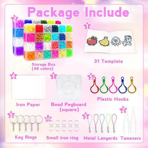 Ultimate 5mm Fuse Beads Kit For Kids Crafts With 48 Colors, 2 storage boxes, templates, pegboard, hooks, and accessories.