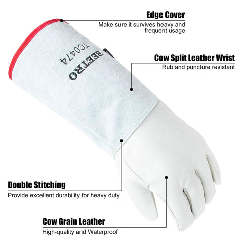 Heavy Duty Insulated Gloves For Dry Ice And Liquid Nitrogen Handling, 14 Inch, close-up of leather and stitching details
