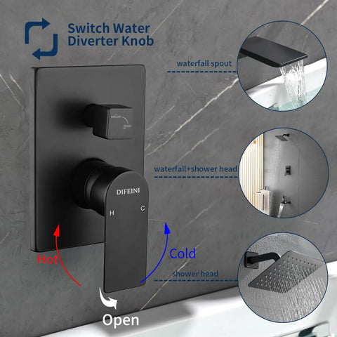 Brushed Gold Shower Faucet Set With Waterfall Tub Spout Complete Shower System Kit With Trim Rough In Valve displayed on wall
