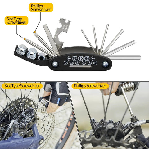 16 In 1 Bike Multitool For On The Go Repairs Portable Folding Bicycle Tool Kit With Wrenches Hex Keys Flat Wrenches Screwdrivers