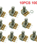 10 Pack 100K Ohm Pot, Single Linear Rotary Taper, Knurled 15mm Shaft, 6mm Diameter, 7mm Thread, 8mm Base Height, From Above Adjustment, 300 Degree Rotation For DIY Electronics And Audio Projects, 10pcs set