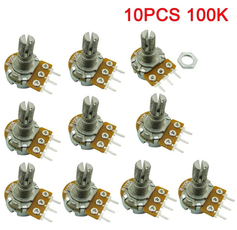 10 Pack 100K Ohm Pot, Single Linear Rotary Taper, Knurled 15mm Shaft, 6mm Diameter, 7mm Thread, 8mm Base Height, From Above Adjustment, 300 Degree Rotation For DIY Electronics And Audio Projects, 10pcs set