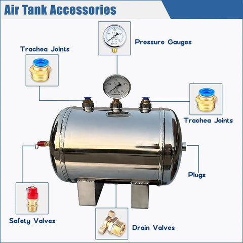Beefy 10 Liter Stainless Steel Air Receiver Tank Kit With Half Inch Inlet Fitting showing pressure gauges and valve fittings