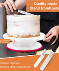 Person using 701 Piece Cake Decorating Kit With Baking Supplies Turntable and spatulas on a partially frosted cake.