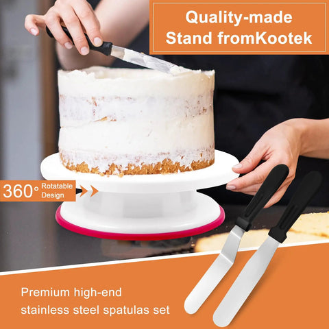 Person using 701 Piece Cake Decorating Kit With Baking Supplies Turntable and spatulas on a partially frosted cake.