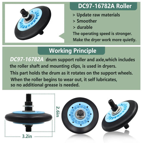 DC97-16782A drum roller from Premium Dryer Repair Kit With Roller Replacement, Idler Pulley, And 92 Inch Belt For Most Household Dryers
