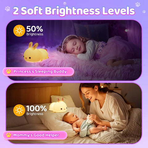 Kawaii Squishy Bunny Night Light For Kids With 16 Colors LED Glow Soft Silicone Bunny Lamp on bedside, child sleeping at 50% and 100% brightness