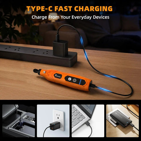Nitty Gritty Mini Cordless Rotary Tool, 18000 RPM charging via Type C connection on wooden table with accessories.