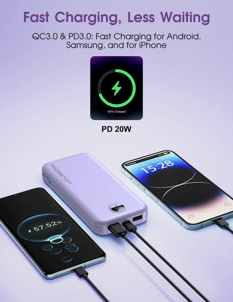 Dope 10000mAh Portable Charger With Built In Cables And Wall Plug PD20W Fast Charging Power Bank powering two smartphones.