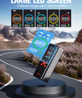 Portable Tire Inflator With Color LED Screen, 12V Car Air Pump showcasing five LED modes on a scenic road background.