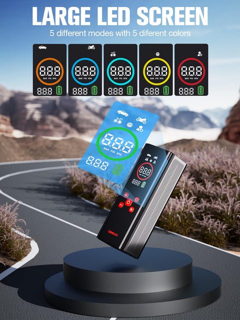 Portable Tire Inflator With Color LED Screen, 12V Car Air Pump showcasing five LED modes on a scenic road background.