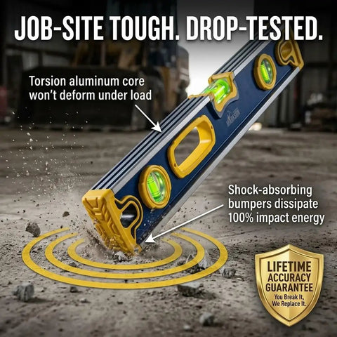 Markson 80-Inch Professional Aluminum Spirit Level - Non-Magnetic True-Flat Base, showing shock-absorbing bumpers in action.