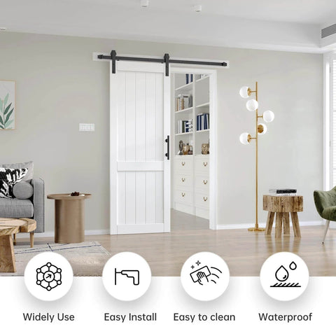 White Barn Door 30x84 Inches With 5.5 Ft Sliding Door Hardware Track Kit Included, installed in modern living room