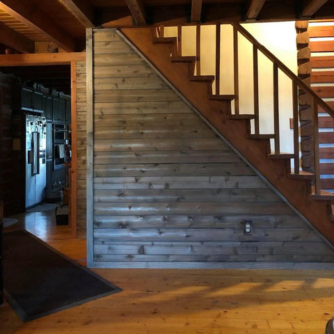 Straight Up Barnwood Aging Wood Wash Hella Eco Friendly for High Tannin Species creates a silver gray grain look on interior wall.