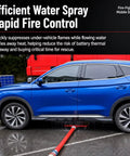 Premium Built Tough Stainless Steel Under Vehicle Fire Suppression Water Spray System For Electric Vehicle Emergency Control and Rust Proof Heavy Duty Road Ready Protection Setup spraying water under a blue SUV for fire control.