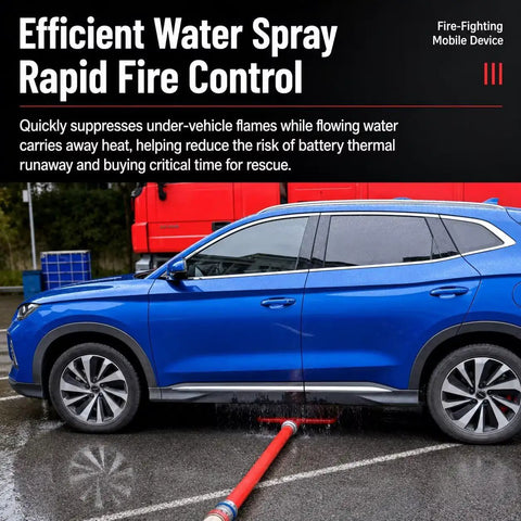 Premium Built Tough Stainless Steel Under Vehicle Fire Suppression Water Spray System For Electric Vehicle Emergency Control and Rust Proof Heavy Duty Road Ready Protection Setup spraying water under a blue SUV for fire control.