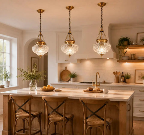 Straight Up Vintage Vibes Handblown Textured Glass Pendant Light With Brushed Antique Brass Finish For Kitchen Island, three fixtures above island.