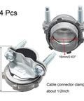 Front and side views of four zinc-plated 1/2-inch clamp-type cable connectors for metallic conduit with bolts.