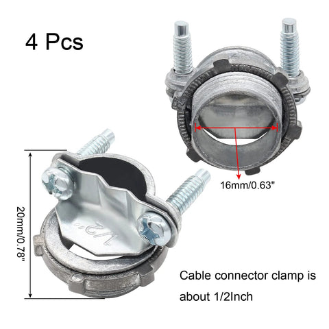 Front and side views of four zinc-plated 1/2-inch clamp-type cable connectors for metallic conduit with bolts.