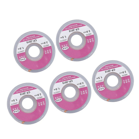 5-Piece Tin Solder Wick Set With Flat Braid For Fast Absorption Desoldering Wicks displayed in pink labeled reels