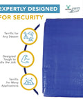 Medium Duty 40 By 40 Foot Water Resistant Tarp With 5 Mil Thickness Reversible Blue And Silver, shown folded with usage icons.