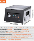 Chamber Vacuum Sealer 380W Pump Power for Home Kitchen front view with dimensions displayed