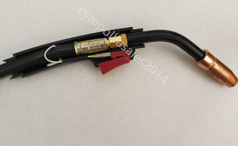 Top Notch MIG Welding Gun With 10 Foot Cable And 5 Pin Connector Rated For 180 Amps showing wire feed mechanism and copper tip.