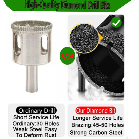 Pro Grade Diamond Hole Saw Kit for Glass Tile Porcelain Ceramic Granite Stone Drilling, 7-piece diamond core drill bits shown