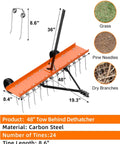 48 Inch Tow Behind Dethatcher for Lawns with 24 rust-proof tines, rugged tow tires, bright orange, for tractors, ATVs, UTVs
