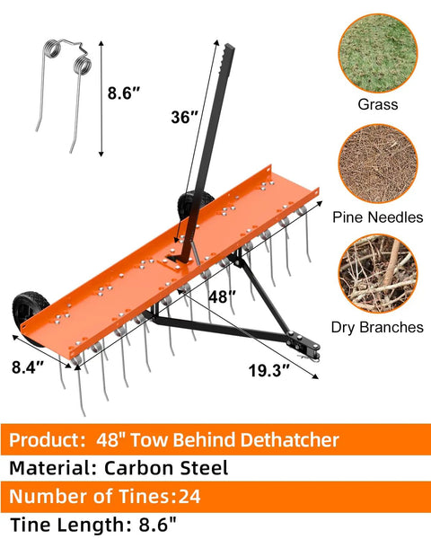 48 Inch Tow Behind Dethatcher for Lawns with 24 rust-proof tines, rugged tow tires, bright orange, for tractors, ATVs, UTVs