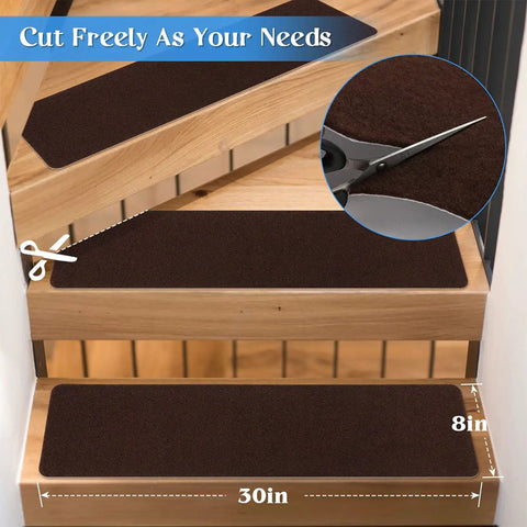Non Slip Stair Treads Carpet Indoor 14 Pack For Wooden Steps Anti Moving Stair Rugs Safe For Dogs Elders And Kids 8 x 30 Inches Grey White Durable Grippy Backing Easy Self Adhesive Installation, shown cut to fit stairs.