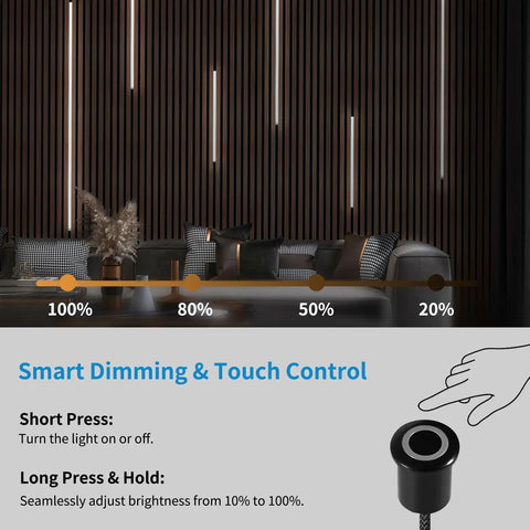Smart dimming and touch control for 6 Piece Self Adhesive LED Recessed Lighting Kit with wood slat wall panel installation.