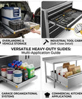 Beefy Heavy Duty 500 Lb Locking Drawer Slides With Full Extension Runners, Industrial Grade Steel Sliding Hardware For Tool Cabinets And Truck Bed Setups, Rugged Drawers That Glide Smoothly And Lock Tight For Hardcore Use. Full-extension steel slide set in truck bed and tool cabinet