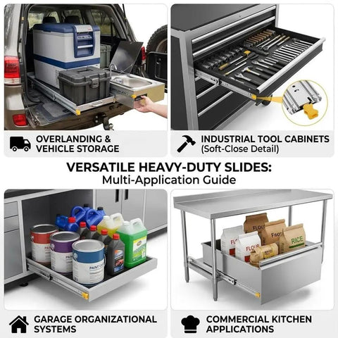 Beefy Heavy Duty 500 Lb Locking Drawer Slides With Full Extension Runners, Industrial Grade Steel Sliding Hardware For Tool Cabinets And Truck Bed Setups, Rugged Drawers That Glide Smoothly And Lock Tight For Hardcore Use. Full-extension steel slide set in truck bed and tool cabinet
