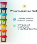 Stack of seven colorful BPA-free refillable pods for coffee makers, labeled for health safety, showing all pod colors.