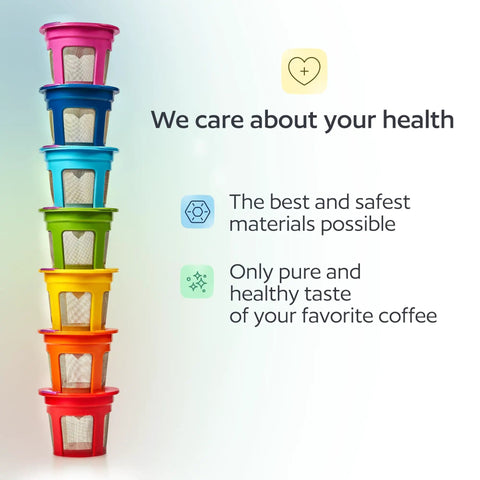 Stack of seven colorful BPA-free refillable pods for coffee makers, labeled for health safety, showing all pod colors.
