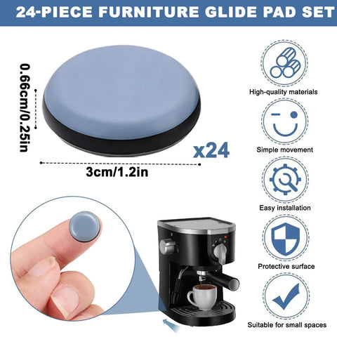 Heavy Duty Furniture Sliders Self Stick Chair Leg Pads Make Large Items Slide Like Butter Across Carpet Or Hardwood Scratch Proof Moving Essentials 24 Pack Grey, round adhesive pad on fingertip.